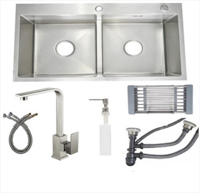 Bồn chậu rửa chén bát 2 hố + vòi rửa  nóng lạnh inox 304 vuông